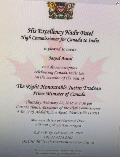 Billet d’invitation du bureau du premier ministre délivré à Jaspal Atwal.