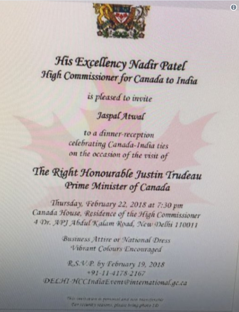 Billet d'invitation du bureau du premier ministre délivré à Jaspal Atwal.