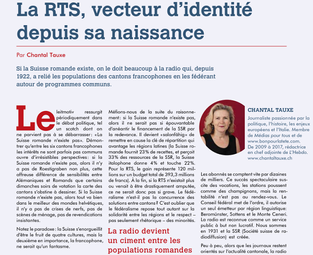 Extrait d’un article de presse de Chantal Tauxe pour éviter l’élimination du financement public, en tout ou en partie, de la radio-télédiffusion en Suisse. Photo : CultureEnjeux.ch