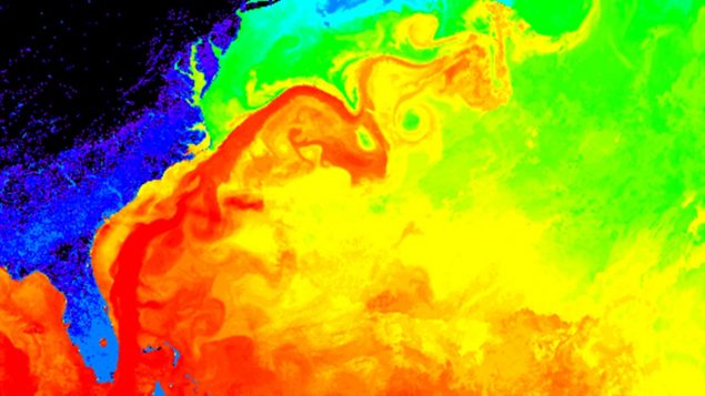 Le Gulf Stream, qui prend sa source entre la Floride et les Bahamas, permet à l'Europe occidentale de jouir d'un climat tempéré jusqu'à des latitudes très élevées. Sans lui, les hivers parisiens seraient probablement aussi froids que ceux du Québec. Il adoucit également le climat de la côte Est américaine. Photo : NASA
