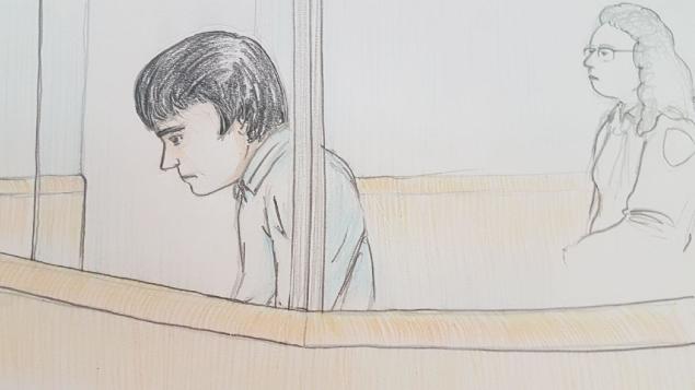 Une illustration d'Alexandre Bissonnette lors de son passage au tribunal le 26 mars 2018 Photo : Radio-Canada / Francis Desharnais