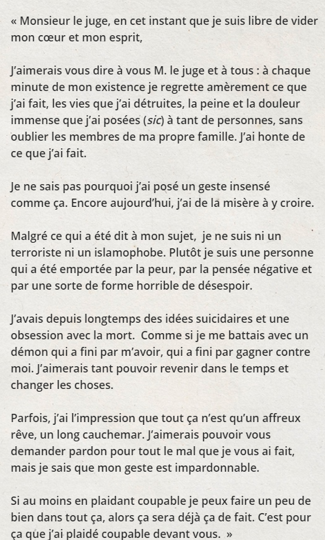 La lettre d'aveu de culpabilité d'Alexandre Bissonnette
