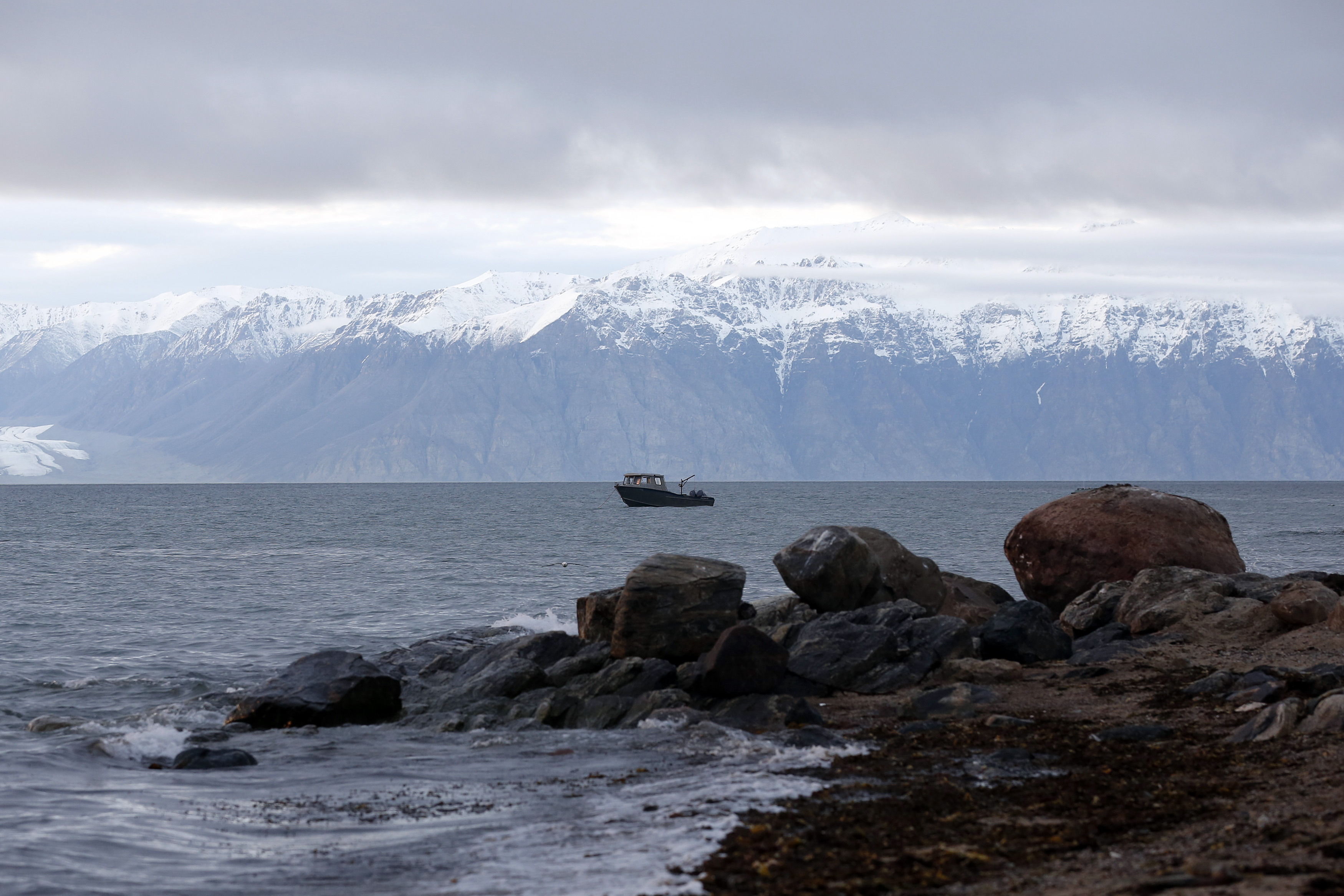 A fishing boat is seen near the arctic community of Pond Inlet