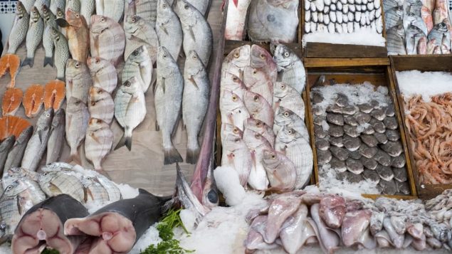 Des poissons disposés sur un étalage dans un marché.