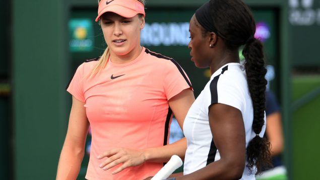 La Canadienne Eugenie Bouchard et l'Américaine Sloane Stephens lors d'un match à Indian Wells en Californie en mars 2018.