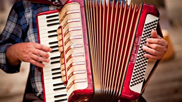 Des doigts bougent sur le clavier d'un accordéon.