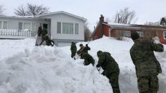 Des soldats canadiens déneigent l'entrée d'une maison dans le quartier Quidi Vidi, à Saint-Jean-de-Terre-Neuve - Radio Canada / Patrick Butler