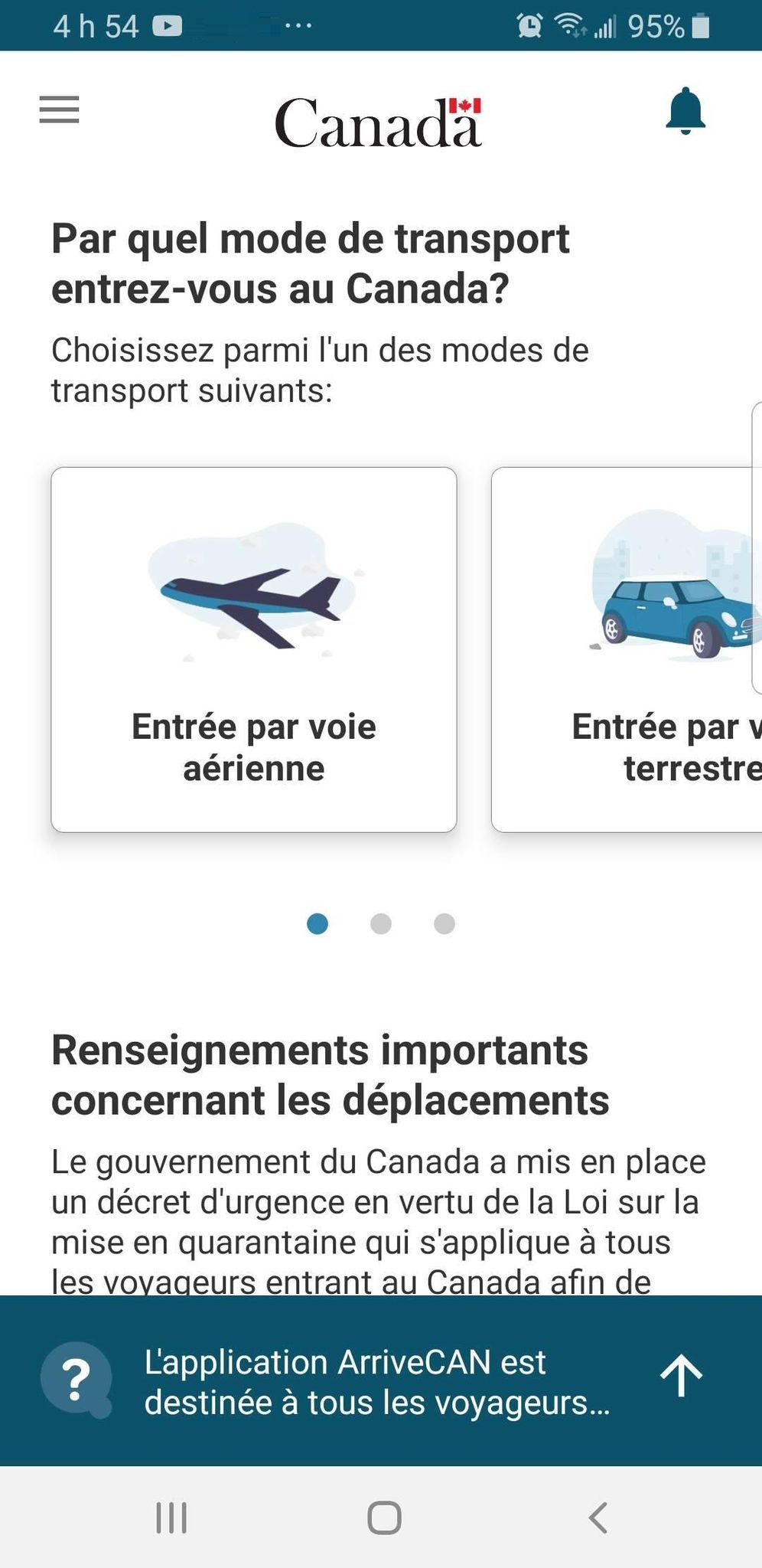 Interface de l'application ArriveCAN - RCI