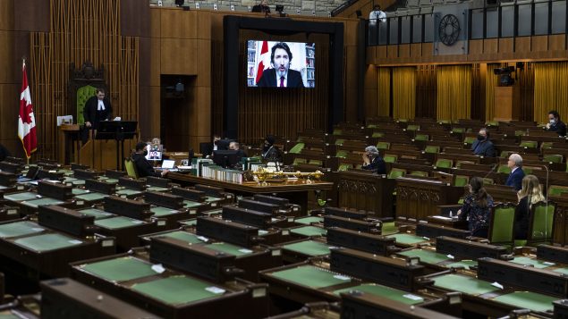 À cause de la pandémie de la COVID-19, la session s’est ouverte en mode hybride. Une partie des 338 députés canadiens a assisté aux travaux à distance - Photo : La Presse Canadienne / Justin Tang