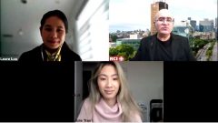Laura Luu (en haut à gauche) et Julie Tran, deux des co-fondatrices du Groupe d’entraide contre le racisme envers les asiatiques au Québec, en entrevue avec le journaliste Samir Bendjafer de Radio Canada International - Photo : RCI