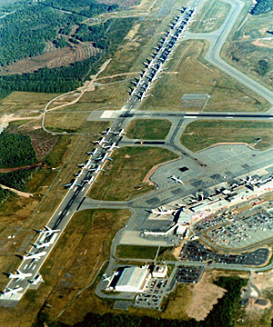 Aerial view of Gander Airport September 11, 2001. Parked on the runway are several aircraft that were supposed to land in the United States. (Halifax International Airport Authority)