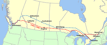 Mapa de una parte del trayecto recorrido por los trenes en la vía férrea transcanadiense entre las ciudades de Vancouver y Montreal. (Wikipédia)