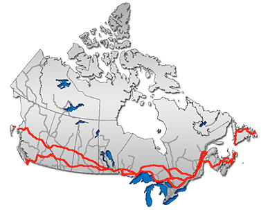 Le réseau de la Transcanadienne. Dans certaines régions du pays, cette autoroute est constituée de deux tronçons distincts afin de relier la plupart des villes importantes. (Domaine public)