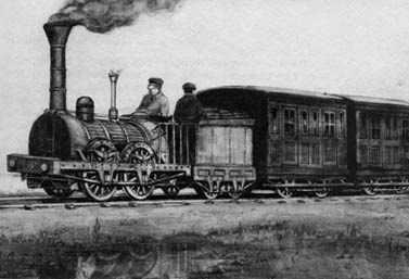 Dessin d’époque montrant le premier train du Canada, le Dorchester, en 1836 (Canadien National)