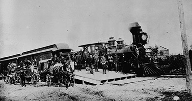 Premier voyage d’un train du Canadien Pacifique sur la voie transcanadienne, le 30 juin 1886 (Bibliothèque et Archives Canada)