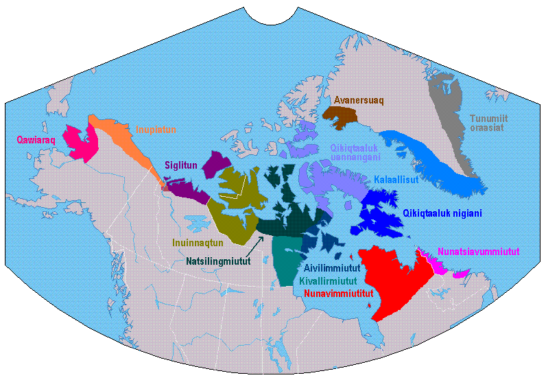 Carte des principaux dialectes inuits de l’Arctique. Les linguistiques ne s’entendent pas sur leur nombre et leur définition. Image: Wikimedia commons
