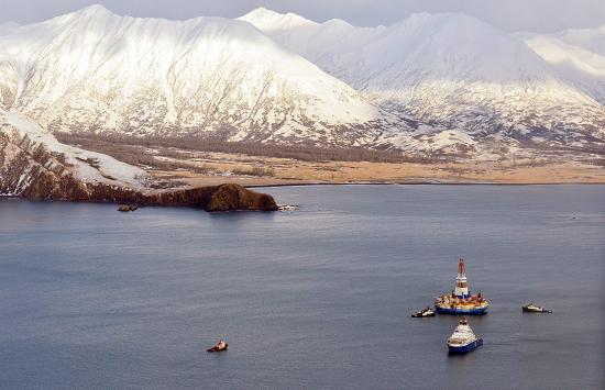 This aerial photo shows the Shell floating drill rig Kulluk in Kodiak Island's Kiliuda Bay on Monday afternoon, Jan. 7, 2013, as salvage teams conduct an in-depth assessment of its seaworthiness. AP Photo/Kodiak Daily Mirror, James Brooks