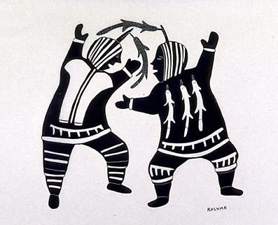 Légende de la photo : Sans titre (Deux personnes en train de danser), v. 1970, estampe réalisée par gravure sur pierre. Artiste : Helen Kalvak. Graveur : Harry Egotak 