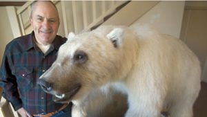 American sports hunter Jim Martell stands next to a mount of a polar bear-grizzly bear hybrid that sits in the game room at his home in Glenns Ferry Idaho, Jan. 12, 2007. Martell shot the world's first recorded polar bear-grizzly bear hybrid in the Northwest Territories. (Troy Maben/Associated Press)