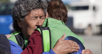 Annie Gordon, 76, a survivor of residential schools, shares an emotional moment at the opening ceremonies of the Truth and Reconciliation Commission for residential school survivors in Inuvik, N.W.T., earlier this week. Photo by James Mackenzie, Canadian Press.