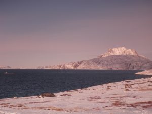Nuuk's mountain landmark, Sermitsiaq, at sunset.