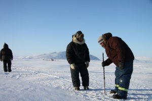 Des chasseurs inuits arpentent les fissures dans la glace afin de trouver un endroit approprié où tendre leurs filets. Photo Levon Sevunts.