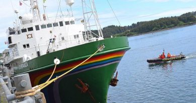 A skiff runs alongside the Greenpeace vessel Esperanza on Wednesday, June 27, 2012 at Kodiak City Pier 2. (James Brooks / Kodiak Daily Mirror / AP)