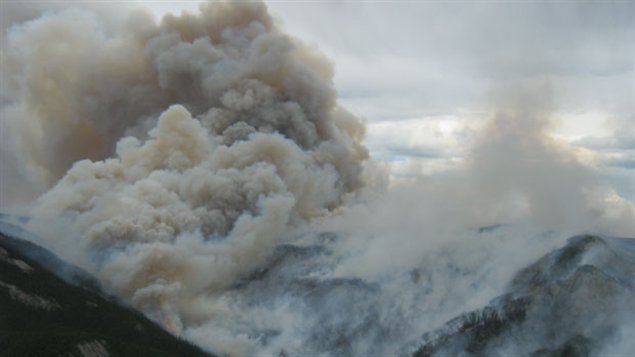 Photo aérienne prise le 2 juillet dernier du feu de forêt près de Wrigley dans les TNO (Ministère de l'Environnement et des Ressources naturelles des TNO)