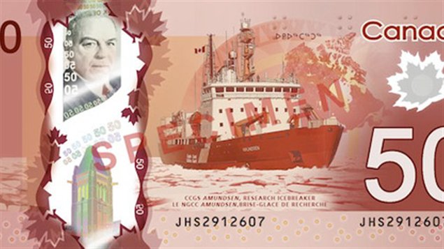 Billet de 50 dollars canadien avec l’effigie du navire de recherche arctique Amundsen. (Radio-Canada)