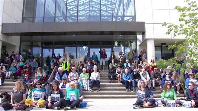 Des dizaines de citoyens yukonnais manifestent silencieusement sur les marches du Palais de justice où se déroule la première journée d'audiences du procès sur l'avenir du plan de développement du bassin Peel. (Philippe Morin / ICI Radio-Canada)