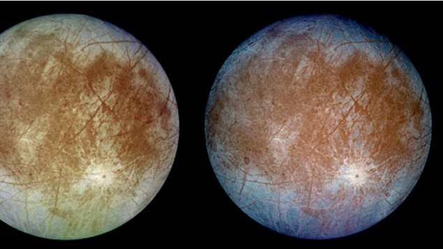 Des images prises par la sonde Galileo de la NASA dans les années 1990 montrent des stries brunes dans la glace qui semblent contenir des composés de soufre. (SETI Institute/JPL-Caltech/NASA)