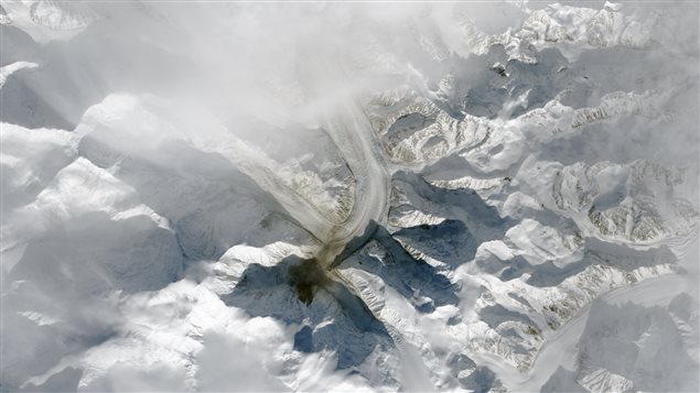 Une image satellite montre l'ampleur du glissement de terrain sur le mont Steele, au Yukon. (NASA Earth Observatory via Radio-Canada Yukon)
