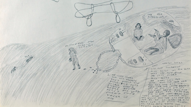 Dessin de Jemima Angelik Nutarak de Pond Inlet réalisé en1964 et représentant des jeux traditionnels avec des cordes. (© Musée canadien de l’histoire)