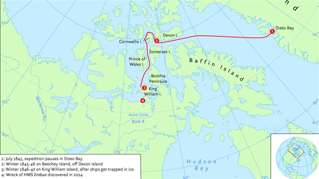 Carte du parcours probable de l’Expédition Franklin (Hans van der Maarel / Wikimédia Commons)