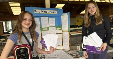 Lilou Lefebvre et Olive Passmore posent devant leur projet de science à l'école Del-Van-Gorder de Faro, au Yukon.