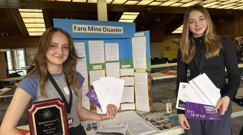 Lilou Lefebvre et Olive Passmore posent devant leur projet de science à l'école Del-Van-Gorder de Faro, au Yukon.