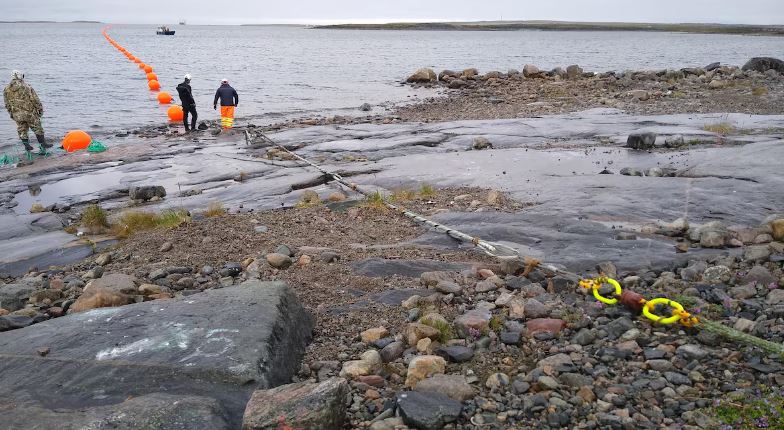 Trois personnes installent un cable sur une plage de roches.