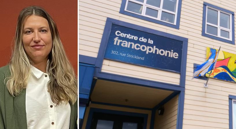 Un montage photo d'une femme à droite et d'un plan rapproché du Centre de la francophonie à gauche