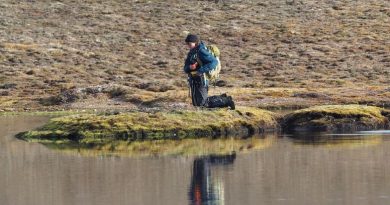 Une jeune chercheuse est agenouillée sur la toundra pour récolter des échantillons.