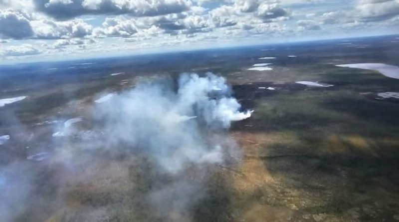 Vue aérienne d'un feu qui brûle dans un terrain vaste.