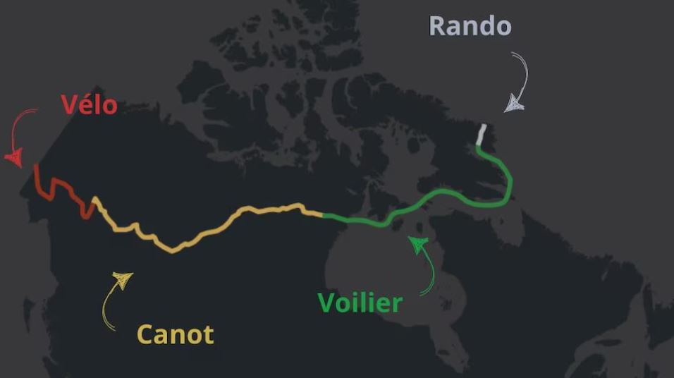 Le tracé sur une carte divisé en quatre sections : vélo, canot, voilier et rando.