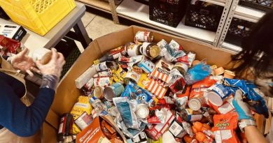Les dons alimentaires dans une grosse boîte en carton.