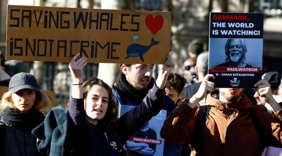 Une femme avec une pancarte où on peut lire «Sauver les baleines n'est pas un crime».