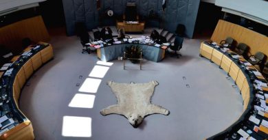 Une peau d'ours polaire décore la chambre de l'Assemblée législative des T.N.-O.