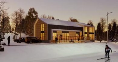 Dessin numérique d'un bâtiment près d'une piste de ski.