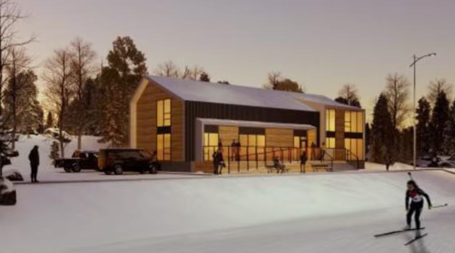 Dessin numérique d'un bâtiment près d'une piste de ski.