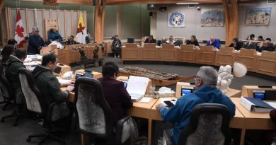 Des ministres et des députés réunis en Chambre lors du dépôt du budget de fonctionnement et d'entretien à l'Assemblée législative du Nunavut, à Iqaluit, le 24 février 2025.
