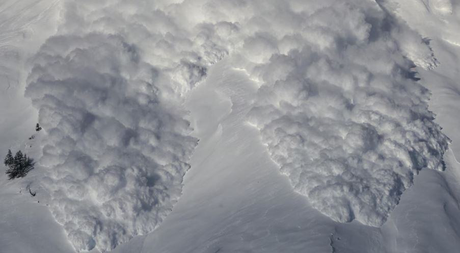 Deux coulées de neige tourbillonnantes déboulent sur un flanc de montagne.