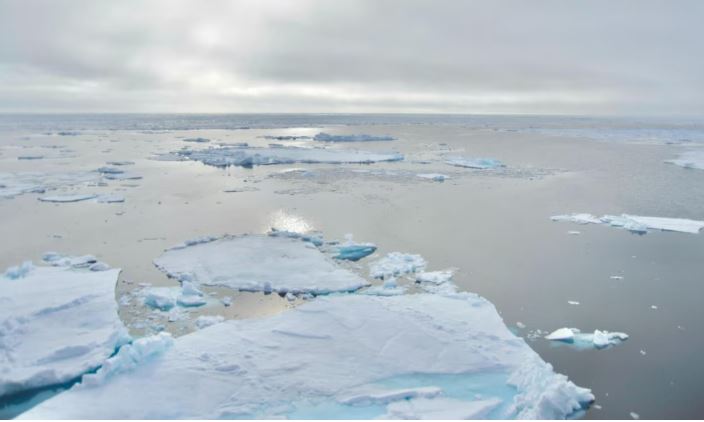 Morceaux de glace dans une grande étendue d'eau.