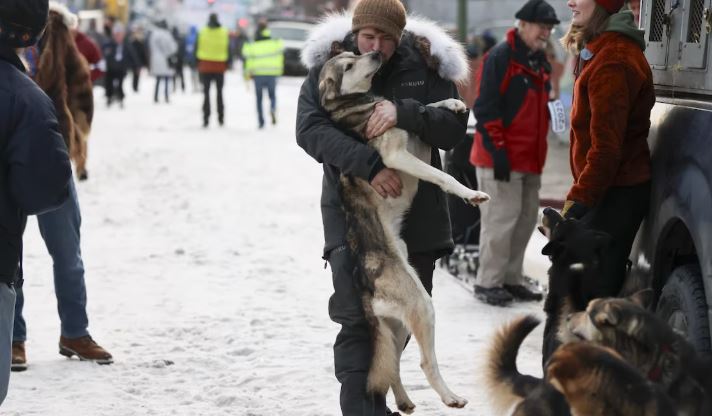 Riley Dyche serre son chien de traîneau Redoubt dans ses bras.